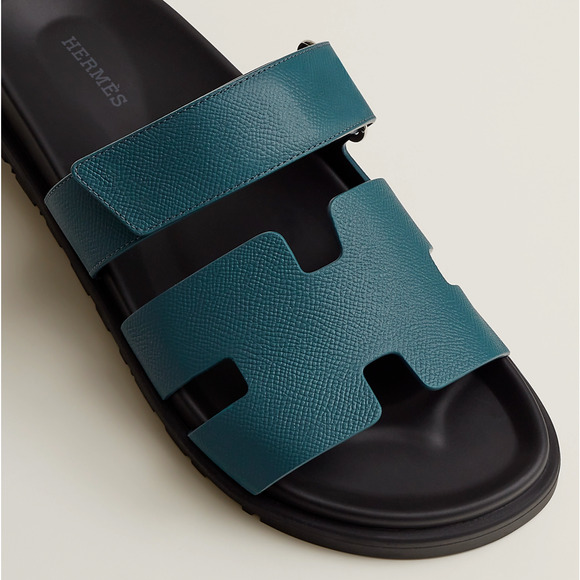 Hermes Chypre Sandal Mens Black Blue H Logo Strap Slide Slip On Flop Flat 44 11 - Picture 5 of 12